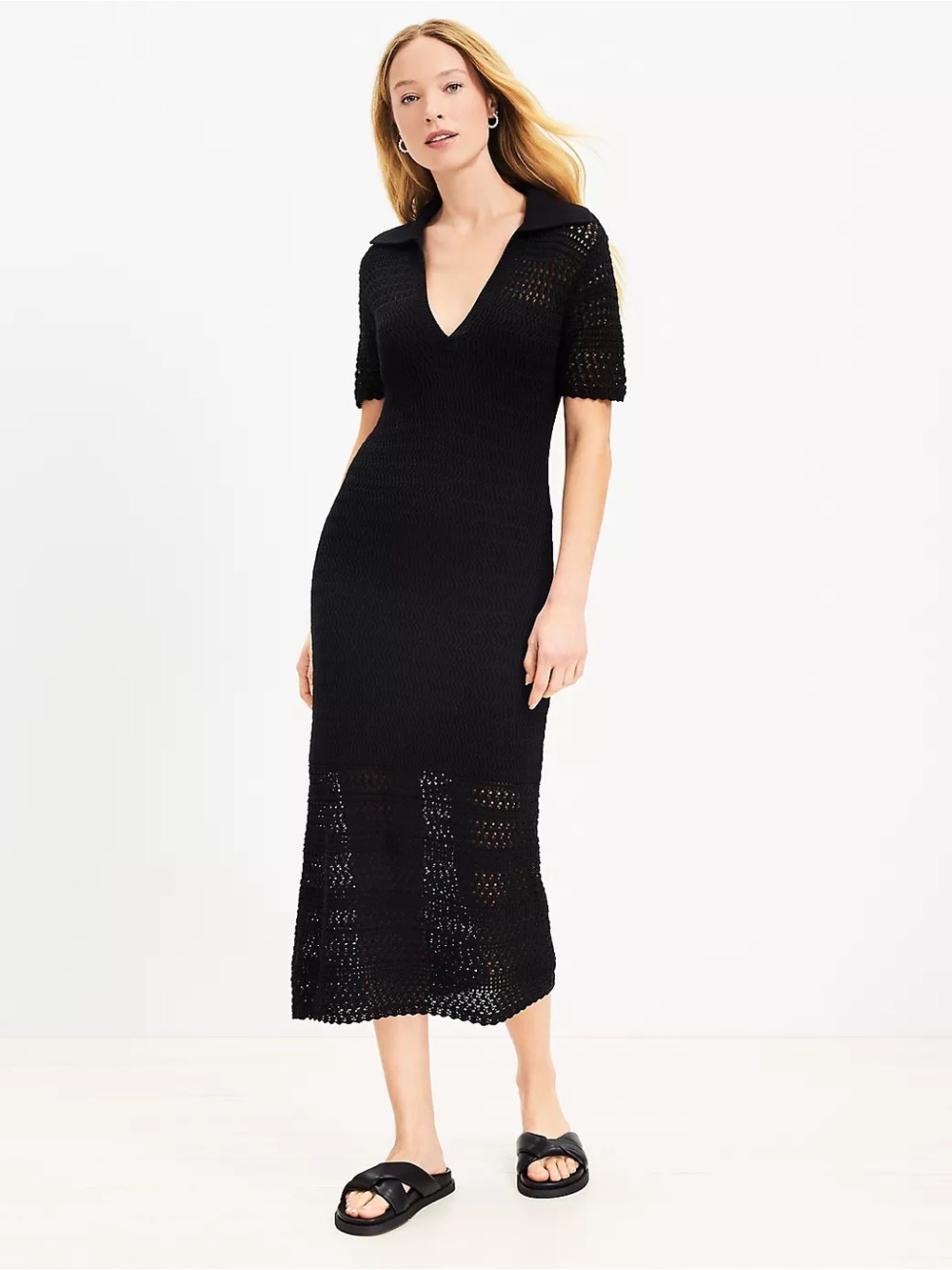 LOFT Black Knit Collared Maxi Dress
